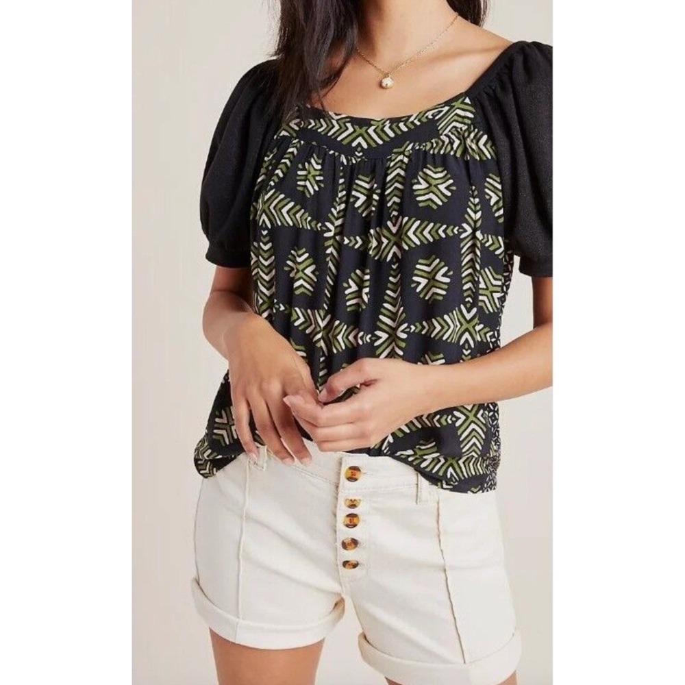 Anthropologie Maeve Women's XS Catania Green Black Puff Sleeve Boho Top Breezy